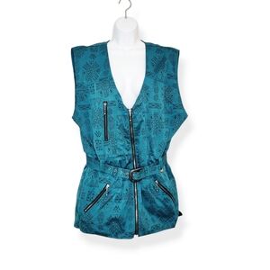 Vintage Nils Skiwear Women's Blue Print Zippered Sleeveless Belted Vest Size 8